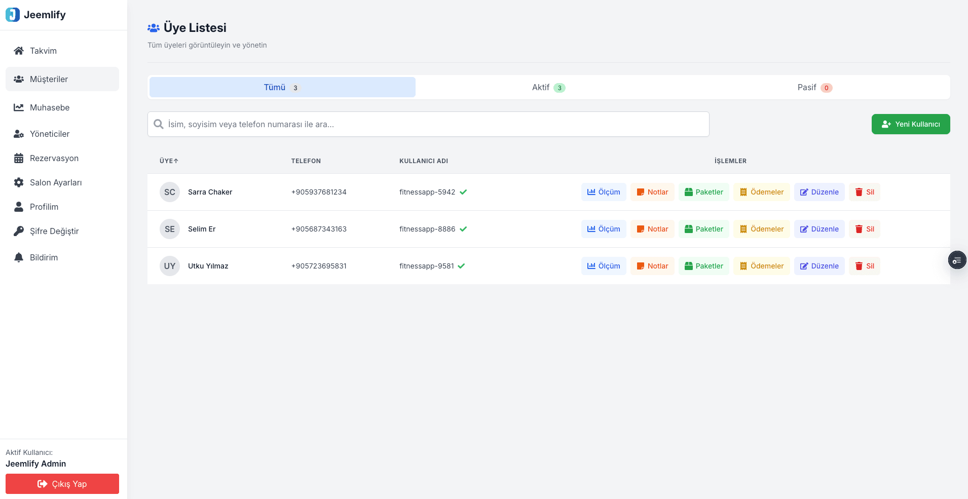 Jeemlify üye CRM listesi ekranı