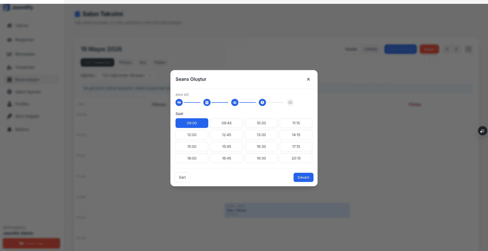 Jeemlify seans sihirbazı zaman dilimi ekranı